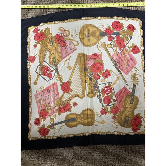 French Silk Square Scarf Womens Multicolor Floral Music Instrument Art 35" Paris - Picture 4 of 6